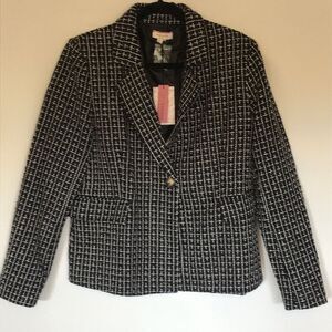 ANDREE BY UNIT Black White Blazer Career Office Womens L‎ Plaid Suit Jacket NWT